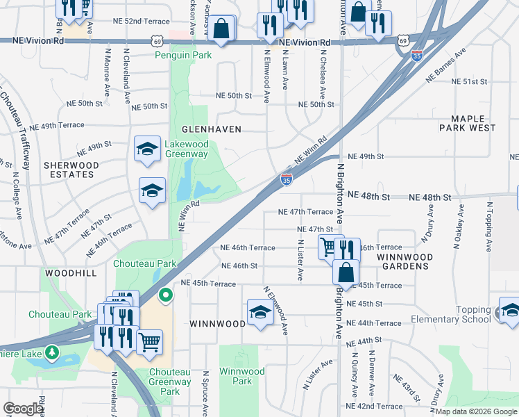 map of restaurants, bars, coffee shops, grocery stores, and more near 4530 Northeast 47th Terrace in Kansas City