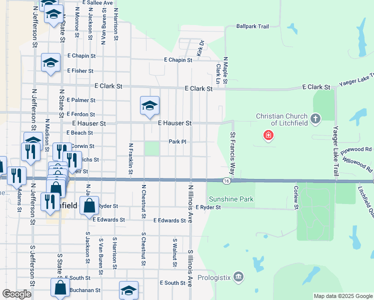 map of restaurants, bars, coffee shops, grocery stores, and more near 721 North Illinois Avenue in Litchfield