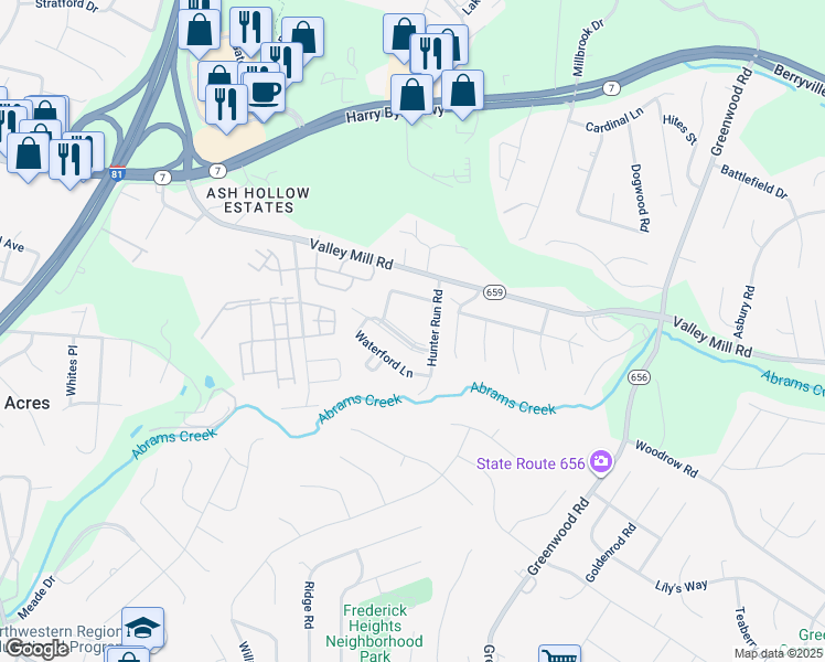 map of restaurants, bars, coffee shops, grocery stores, and more near 110 Little River Drive in Winchester