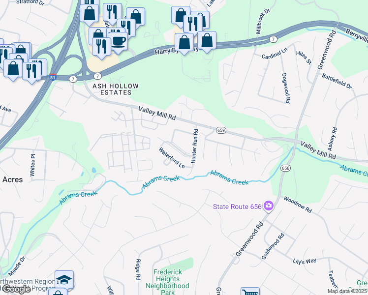 map of restaurants, bars, coffee shops, grocery stores, and more near 110 Little River Drive in Winchester