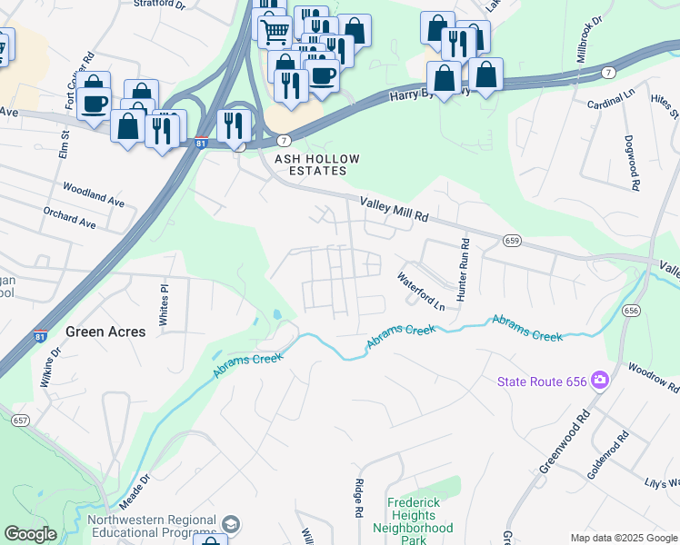 map of restaurants, bars, coffee shops, grocery stores, and more near 200 Weathervane Drive in Winchester