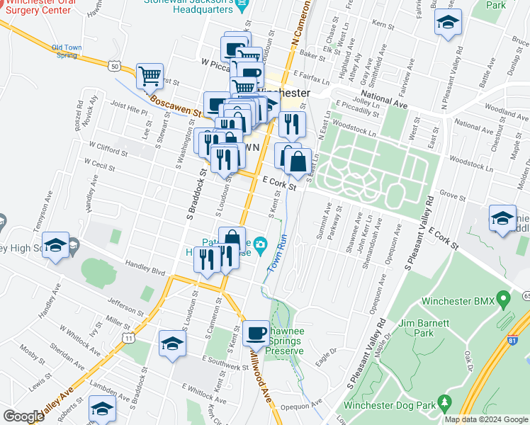 map of restaurants, bars, coffee shops, grocery stores, and more near 122 East Cecil Street in Winchester