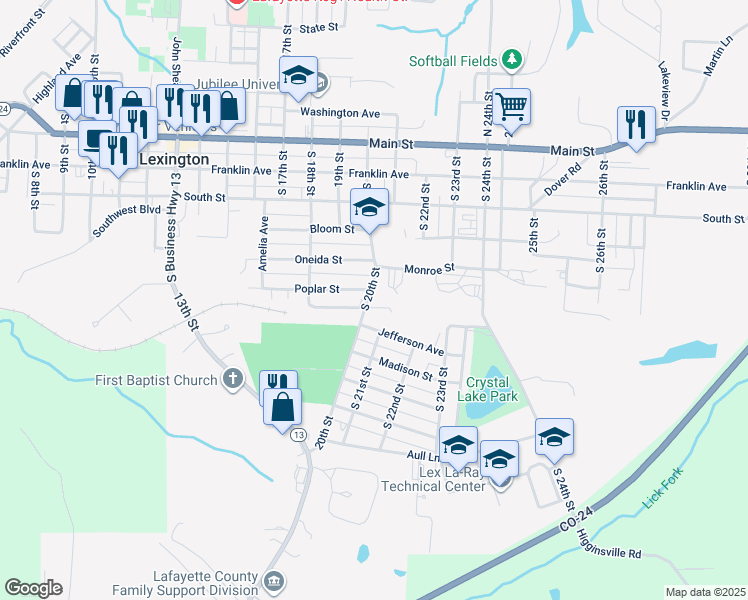 map of restaurants, bars, coffee shops, grocery stores, and more near 608 20th Street in Lexington