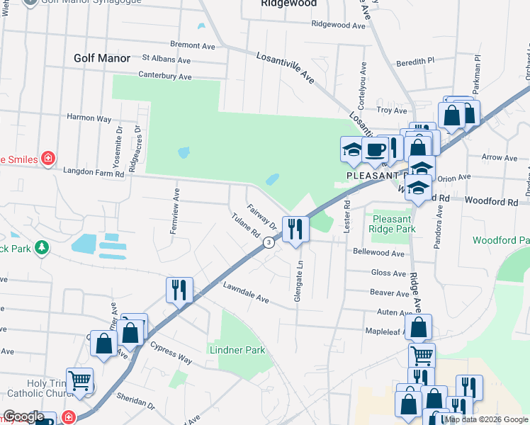 map of restaurants, bars, coffee shops, grocery stores, and more near 6136 Fairway Dr in Cincinnati