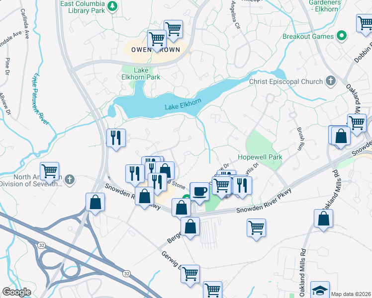 map of restaurants, bars, coffee shops, grocery stores, and more near 7175 Peace Chimes Court in Columbia