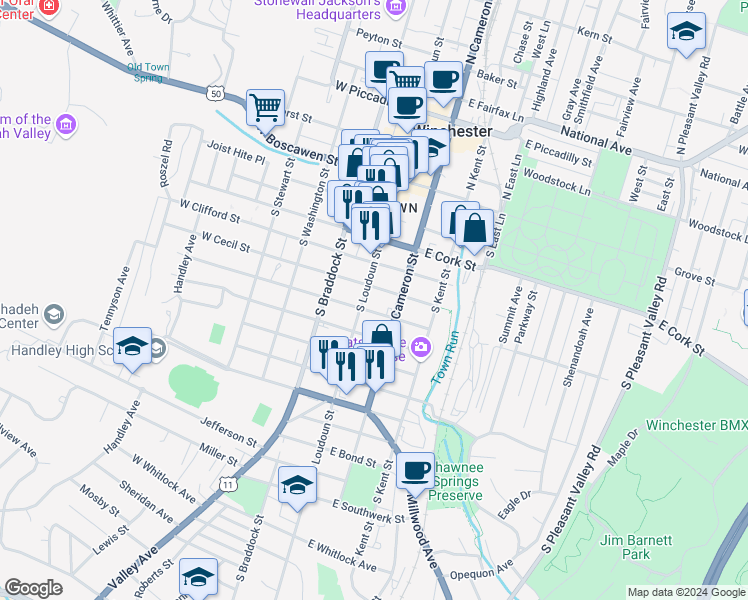 map of restaurants, bars, coffee shops, grocery stores, and more near 410 South Loudoun Street in Winchester