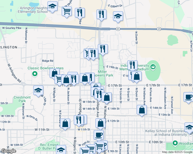 map of restaurants, bars, coffee shops, grocery stores, and more near 1405 North College Avenue in Bloomington