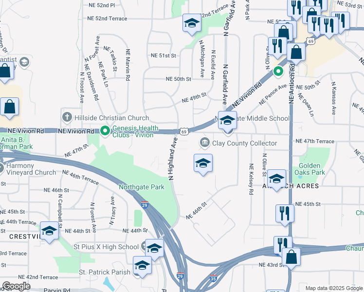 map of restaurants, bars, coffee shops, grocery stores, and more near 4763 North Highland Avenue in Kansas City
