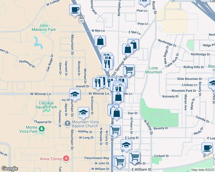 map of restaurants, bars, coffee shops, grocery stores, and more near 2110 North Carson Street in Carson City