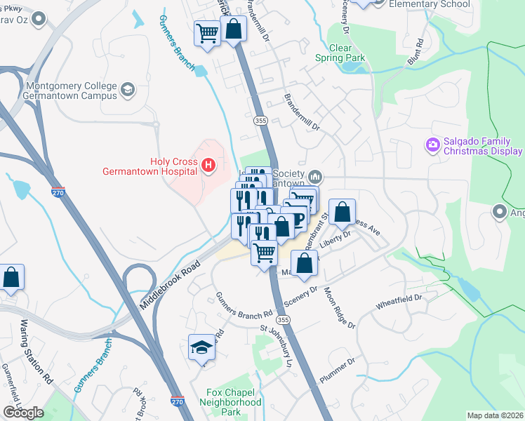 map of restaurants, bars, coffee shops, grocery stores, and more near 11502 Middlebrook Road in Germantown