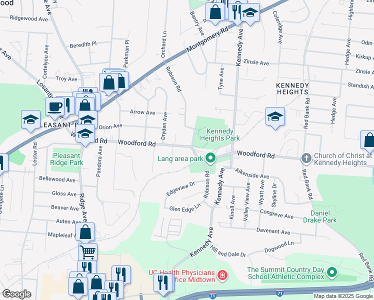 map of restaurants, bars, coffee shops, grocery stores, and more near 3461 Woodford Road in Cincinnati