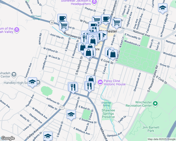 map of restaurants, bars, coffee shops, grocery stores, and more near 18 East Leicester Street in Winchester