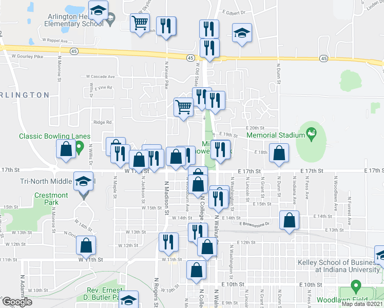 map of restaurants, bars, coffee shops, grocery stores, and more near 1405 North College Avenue in Bloomington