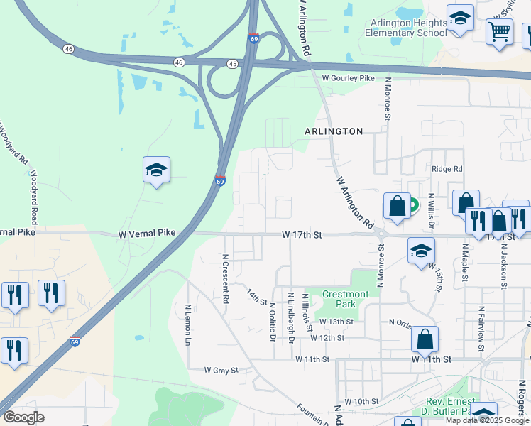 map of restaurants, bars, coffee shops, grocery stores, and more near 1750 West 17th Street in Bloomington
