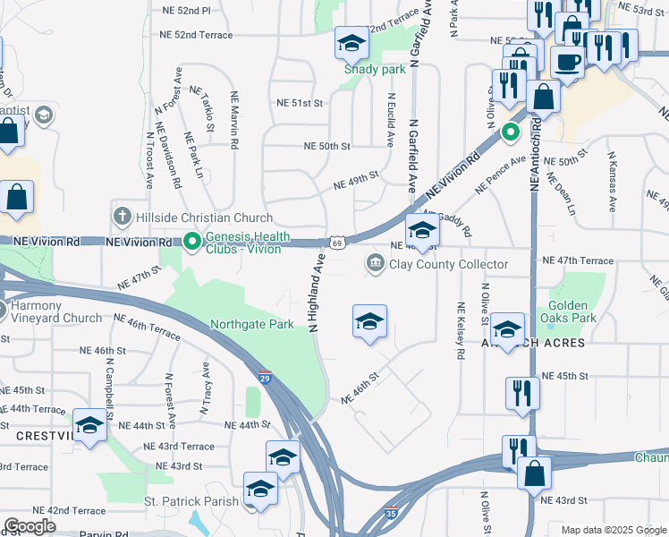 map of restaurants, bars, coffee shops, grocery stores, and more near 4763 North Highland Avenue in Kansas City