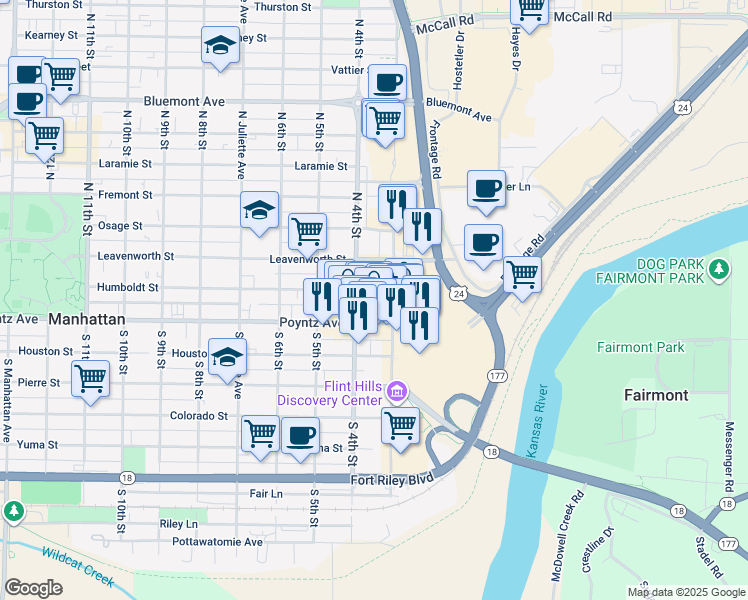 map of restaurants, bars, coffee shops, grocery stores, and more near 316 Poyntz Avenue in Manhattan