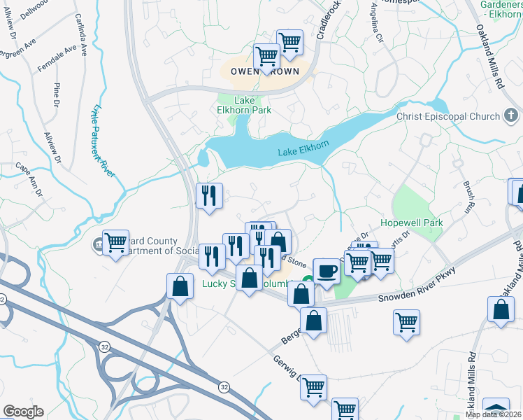 map of restaurants, bars, coffee shops, grocery stores, and more near 7230 Life Quest Lane in Columbia