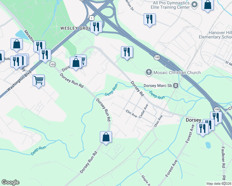 map of restaurants, bars, coffee shops, grocery stores, and more near 7014 Linden Avenue in Elkridge