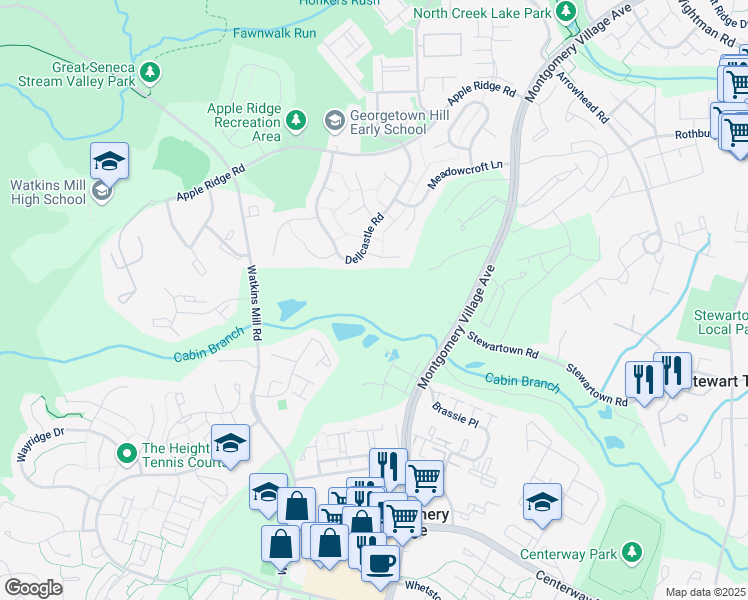 map of restaurants, bars, coffee shops, grocery stores, and more near 19728 Canopy Loop in Montgomery Village