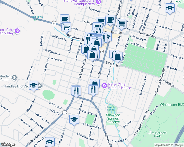 map of restaurants, bars, coffee shops, grocery stores, and more near 410 South Loudoun Street in Winchester