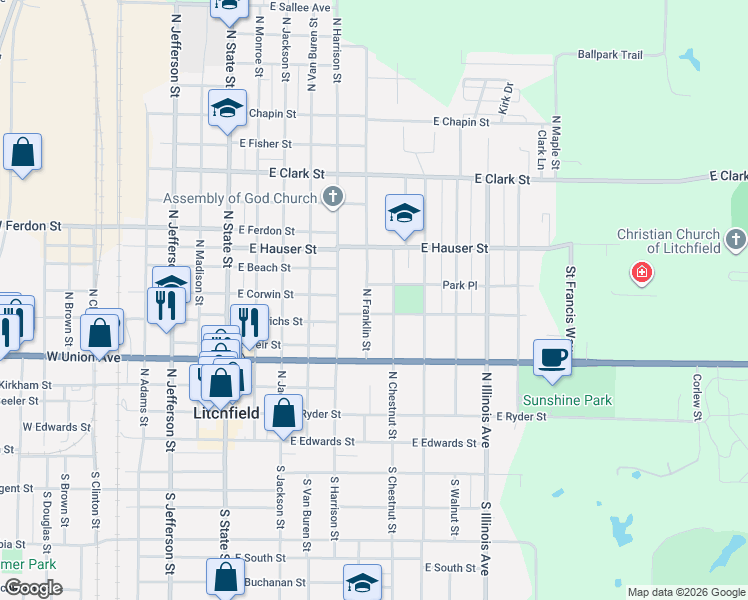 map of restaurants, bars, coffee shops, grocery stores, and more near 712 North Franklin Street in Litchfield
