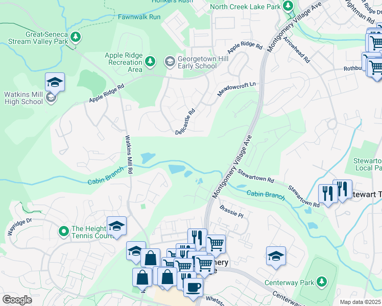 map of restaurants, bars, coffee shops, grocery stores, and more near 19726 Canopy Loop in Montgomery Village