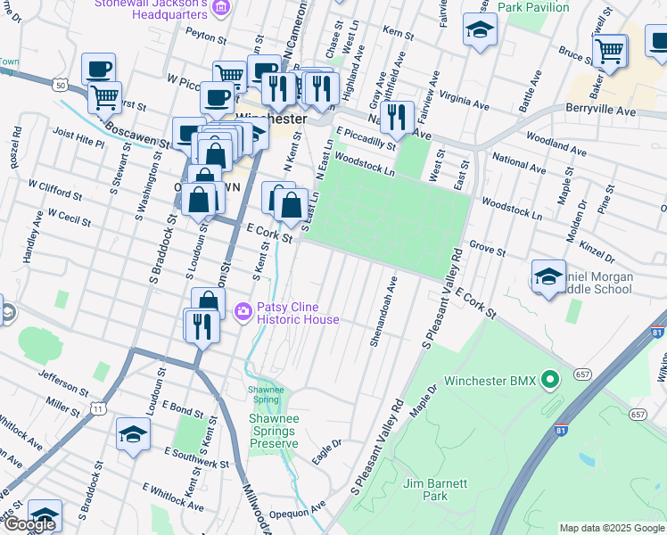 map of restaurants, bars, coffee shops, grocery stores, and more near 217 Parkway Street in Winchester