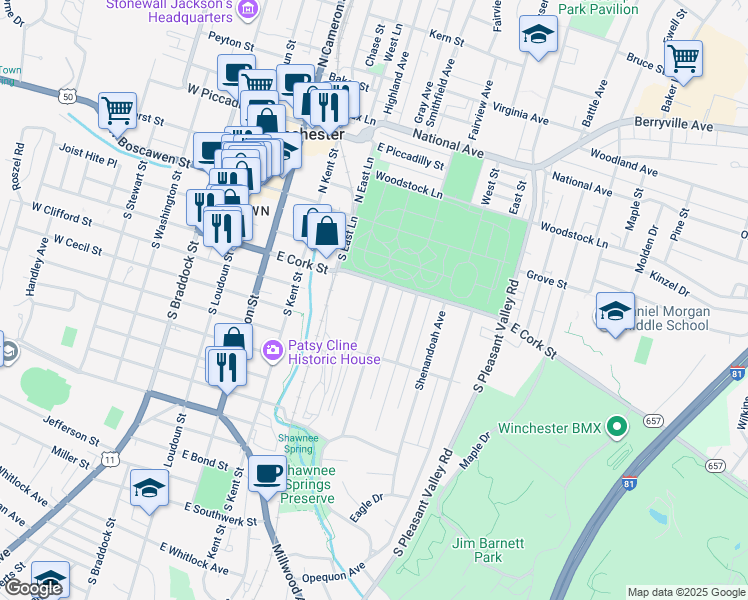 map of restaurants, bars, coffee shops, grocery stores, and more near 217 Parkway Street in Winchester