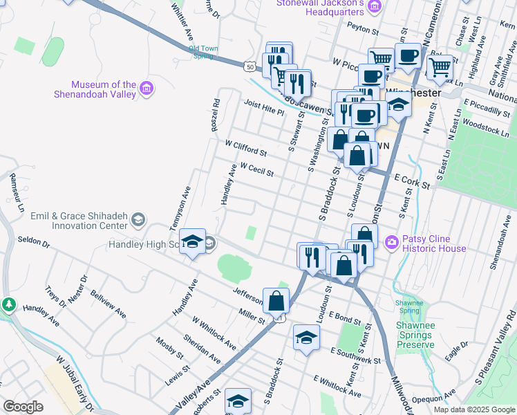 map of restaurants, bars, coffee shops, grocery stores, and more near 401 Briarmont Drive in Winchester