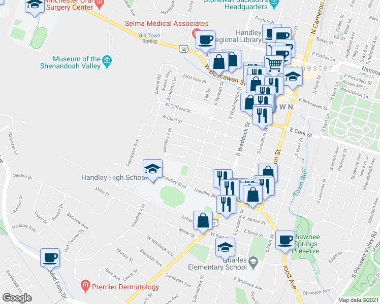 map of restaurants, bars, coffee shops, grocery stores, and more near 401 Briarmont Drive in Winchester
