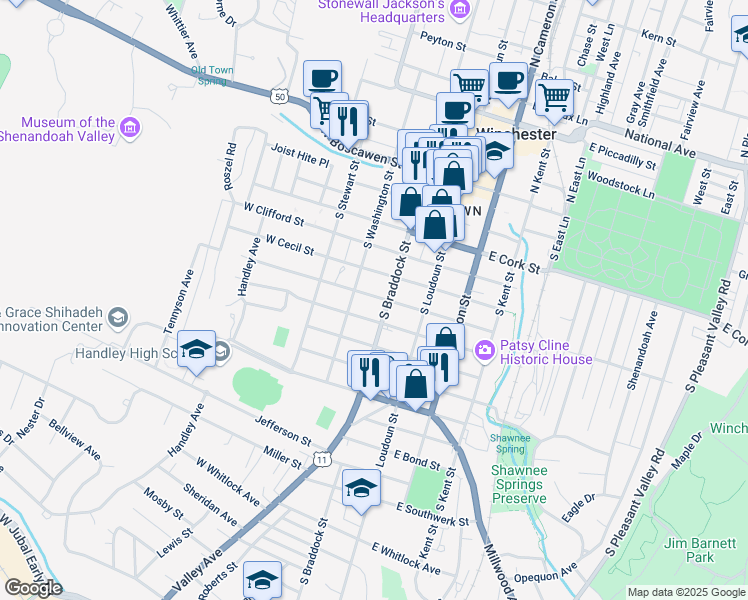 map of restaurants, bars, coffee shops, grocery stores, and more near 107 West Leicester Street in Winchester