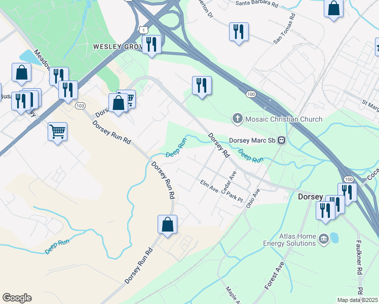 map of restaurants, bars, coffee shops, grocery stores, and more near 7006 Linden Avenue in Elkridge