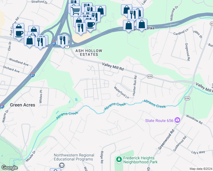 map of restaurants, bars, coffee shops, grocery stores, and more near 308 Copperfield Lane in Winchester