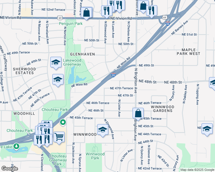 map of restaurants, bars, coffee shops, grocery stores, and more near 4610 Northeast 47th Terrace in Kansas City