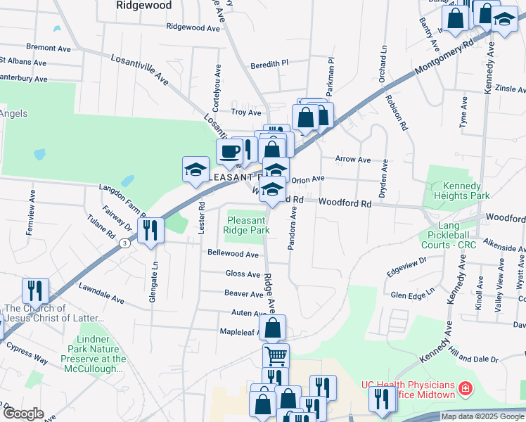 map of restaurants, bars, coffee shops, grocery stores, and more near 5927 Ridge Avenue in Cincinnati