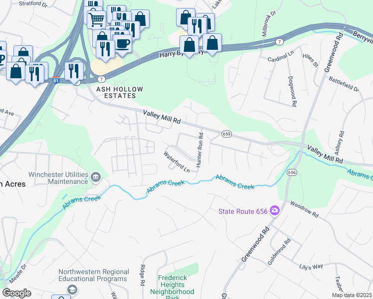 map of restaurants, bars, coffee shops, grocery stores, and more near 118 Little River Drive in Winchester