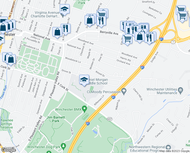map of restaurants, bars, coffee shops, grocery stores, and more near 916 Allen Drive in Winchester
