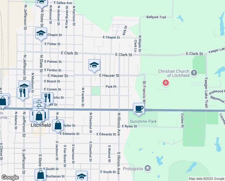 map of restaurants, bars, coffee shops, grocery stores, and more near 721 North Illinois Avenue in Litchfield