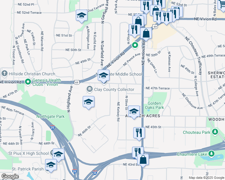 map of restaurants, bars, coffee shops, grocery stores, and more near 4709 North Brooklyn Avenue in Kansas City