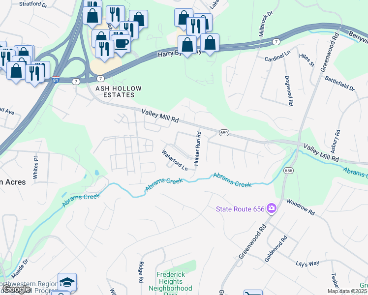 map of restaurants, bars, coffee shops, grocery stores, and more near 120 Little River Drive in Winchester