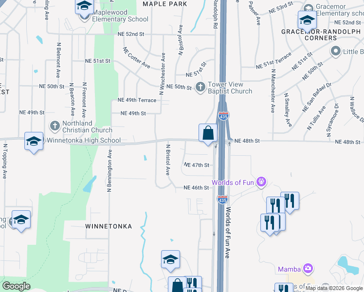 map of restaurants, bars, coffee shops, grocery stores, and more near 4770 North Corrington Avenue in Kansas City