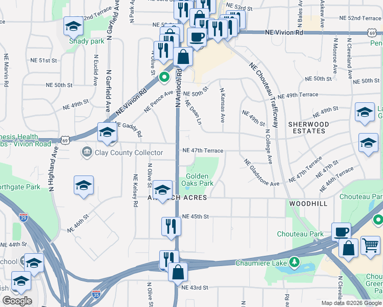 map of restaurants, bars, coffee shops, grocery stores, and more near 2640 Northeast 47th Street in Kansas City