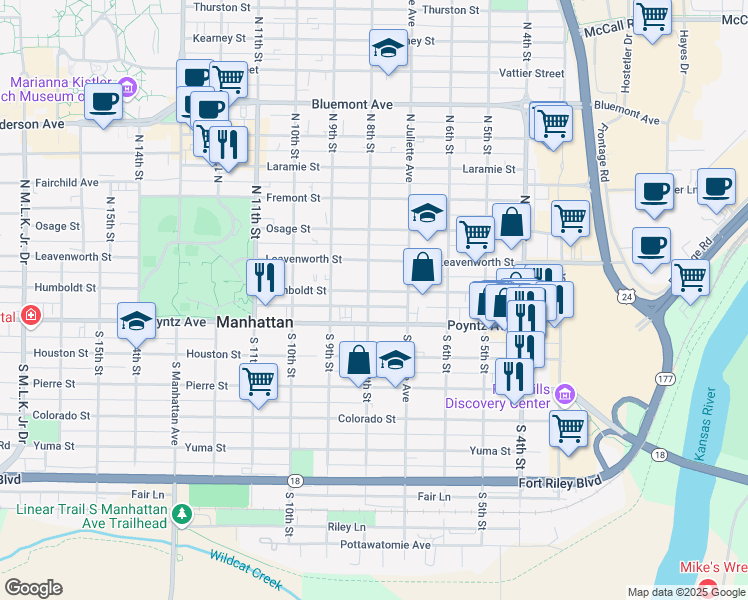 map of restaurants, bars, coffee shops, grocery stores, and more near 800 Poyntz Avenue in Manhattan