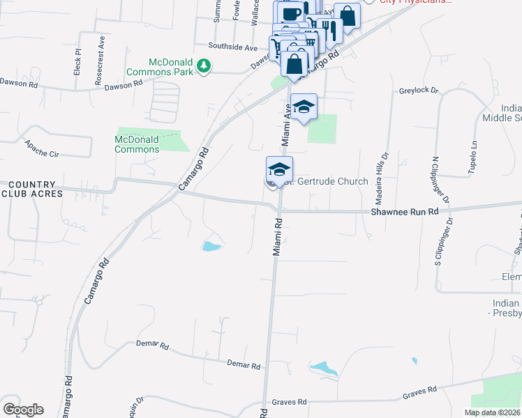 map of restaurants, bars, coffee shops, grocery stores, and more near 7595 Shawnee Run Road in Cincinnati