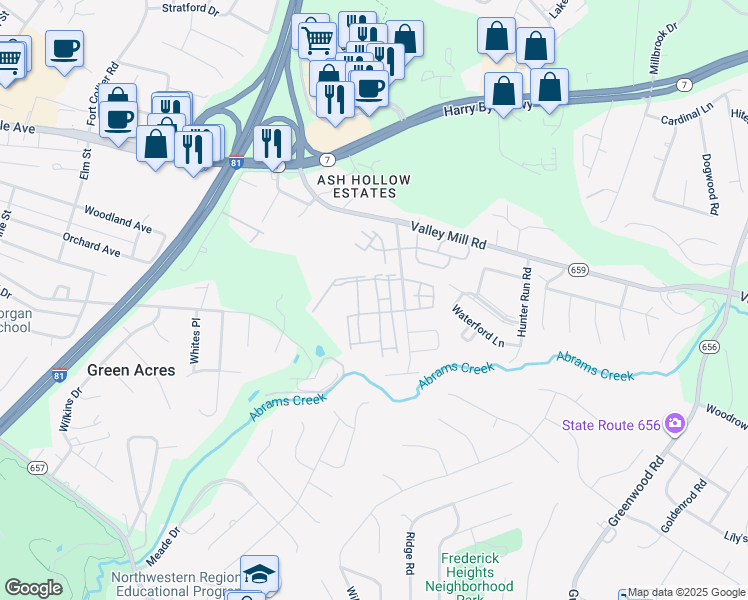 map of restaurants, bars, coffee shops, grocery stores, and more near 112 Zephyr Lane in Winchester