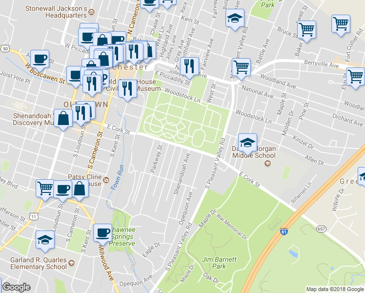 map of restaurants, bars, coffee shops, grocery stores, and more near 517 East Cork Street in Winchester
