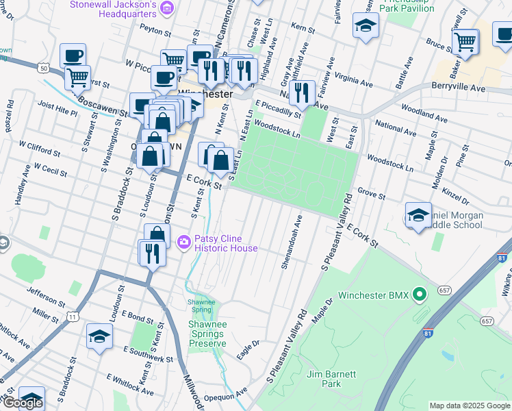 map of restaurants, bars, coffee shops, grocery stores, and more near 213 Parkway Street in Winchester