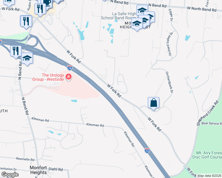 map of restaurants, bars, coffee shops, grocery stores, and more near 3507 West Fork Road in Cincinnati