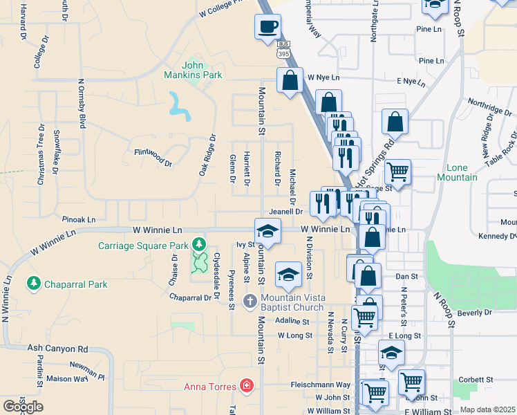 map of restaurants, bars, coffee shops, grocery stores, and more near 2100 Mountain Street in Carson City