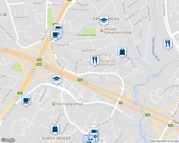 map of restaurants, bars, coffee shops, grocery stores, and more near 10150 Shaker Drive in Columbia